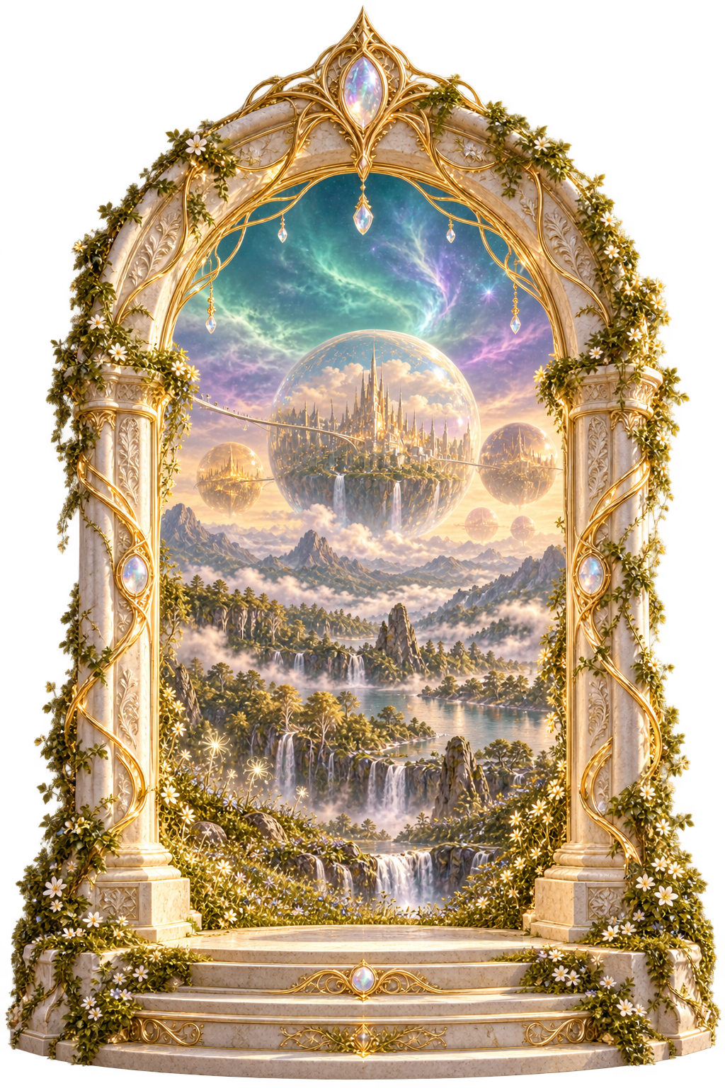 A glowing, empty stone arch opening onto the magical world of Aethera